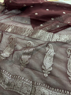 Dark Brown Pure Khaddi Chiffon Silk Banarasi Saree