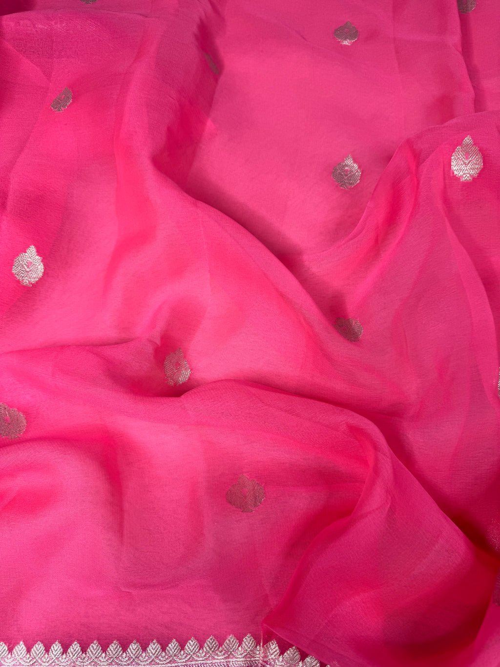 Pink & Hot Pink Pure Khaddi Chiffon Silk Banarasi Saree