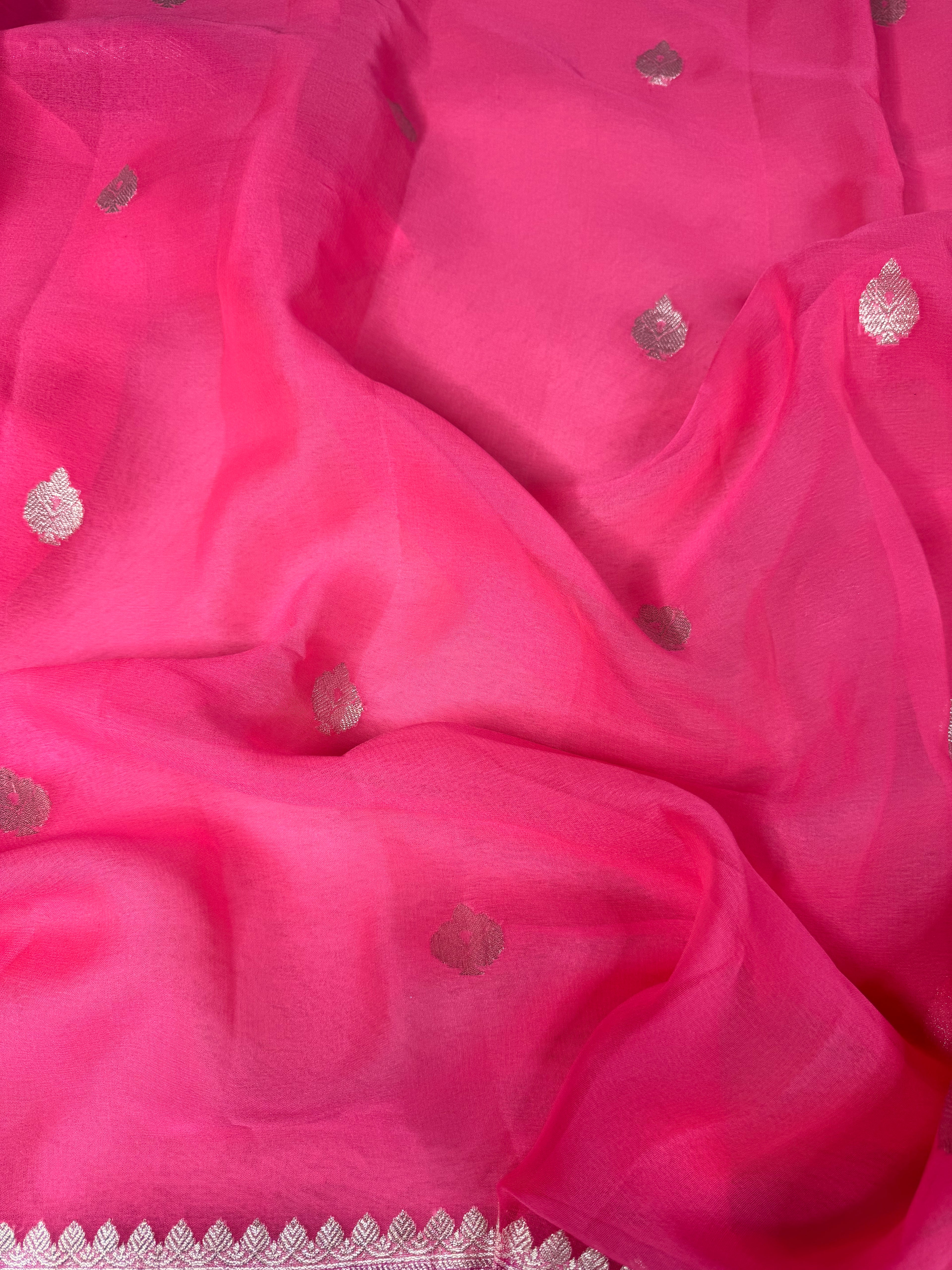 Pink & Hot Pink Pure Khaddi Chiffon Silk Banarasi Saree