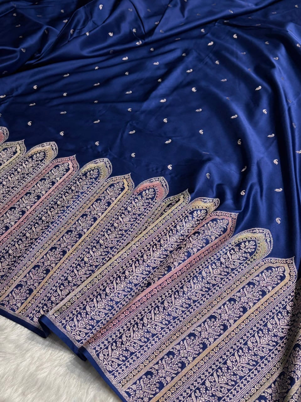 Navy Blue Meenakri Mashru Katan Silk Banarasi Saree
