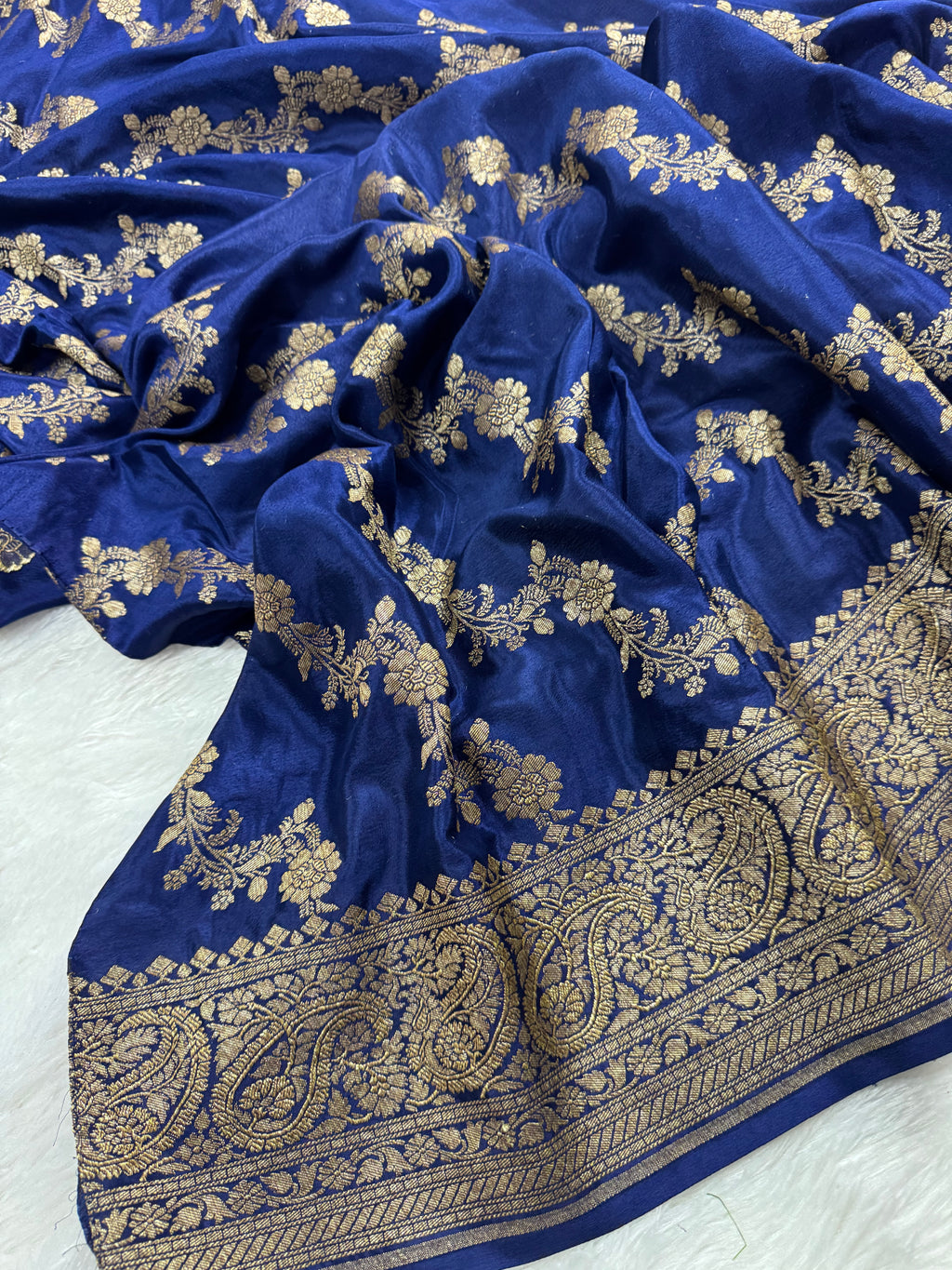 Yellow Gold & Navy Blue Pure Khaddi Crep Silk Banarasi Saree