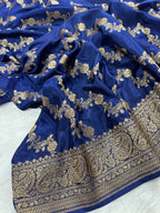 Yellow Gold & Navy Blue Pure Khaddi Crep Silk Banarasi Saree