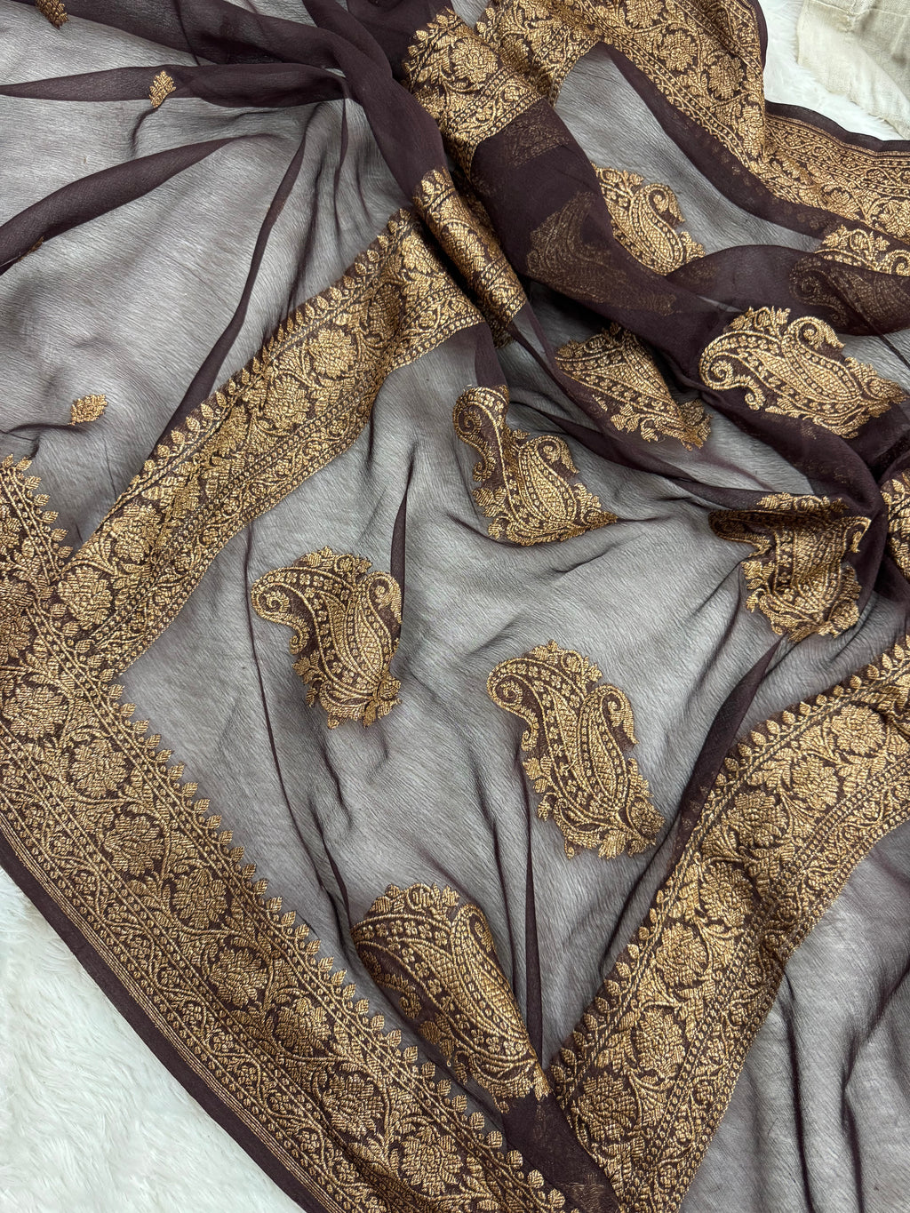 Chocolate Brown Pure khaddi Chiffon Silk Banarasi Saree