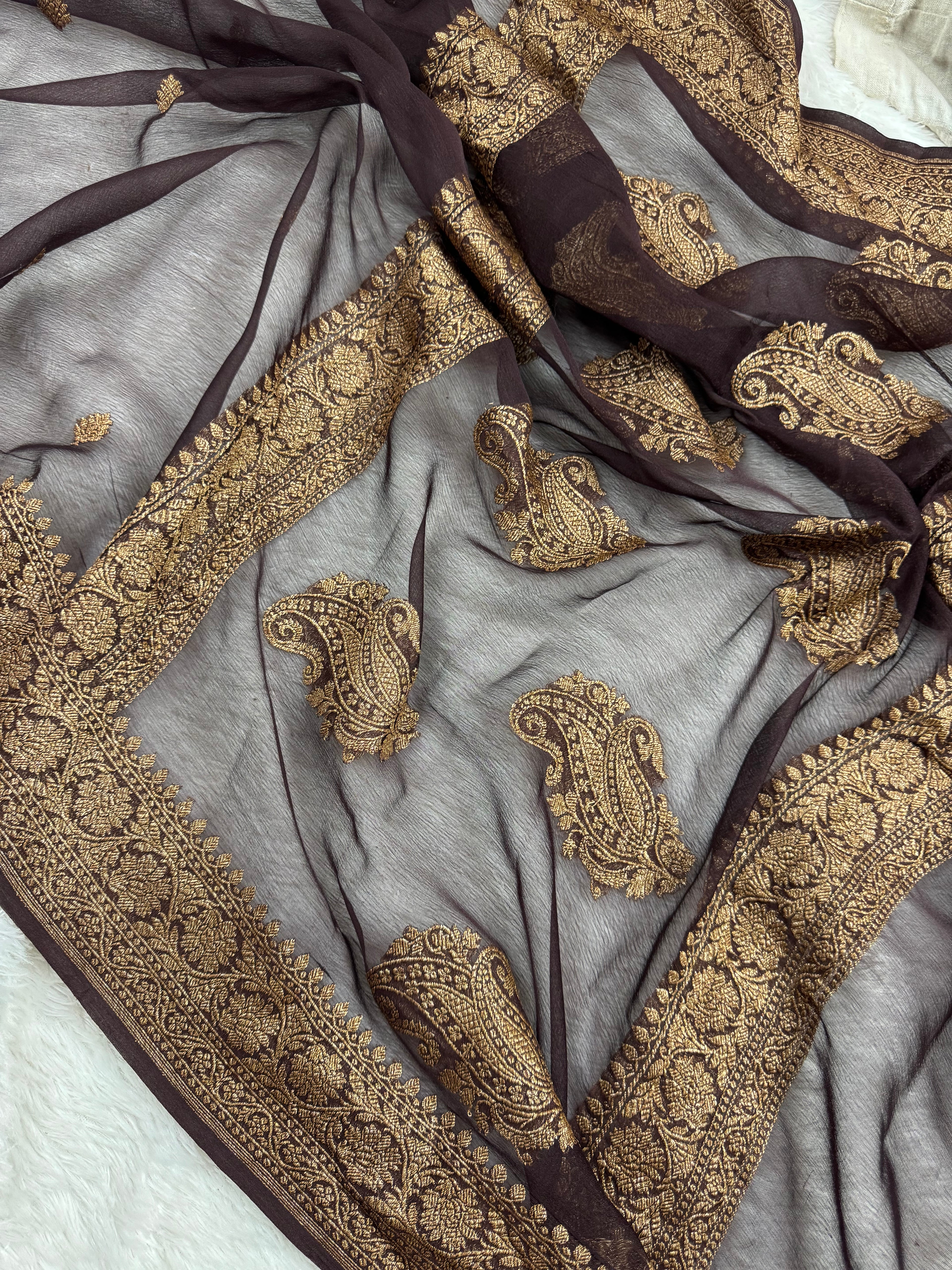 Chocolate Brown Pure khaddi Chiffon Silk Banarasi Saree
