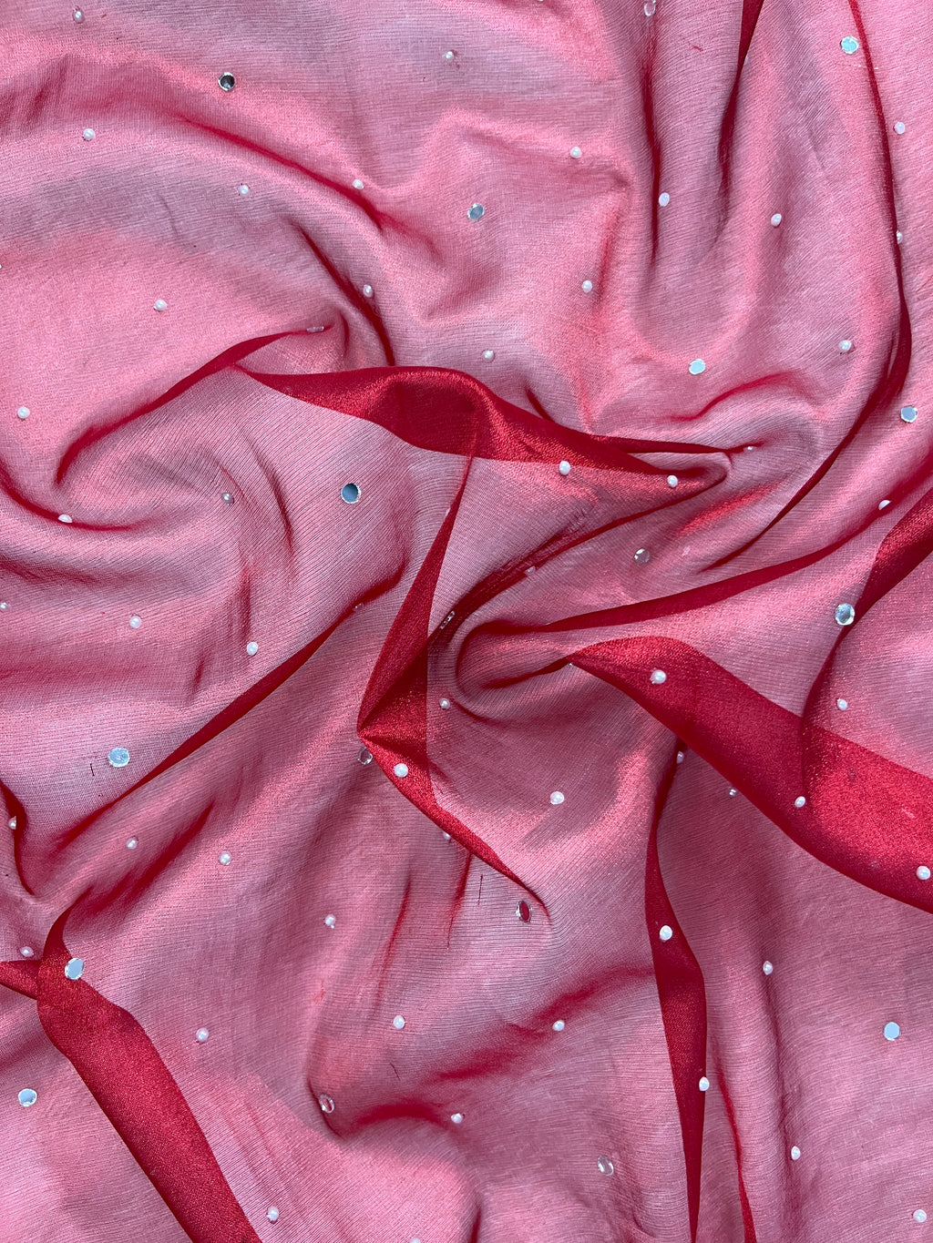 Red Tissue Silk Saree With Mirror & Pearl Work & Designer Lace Border