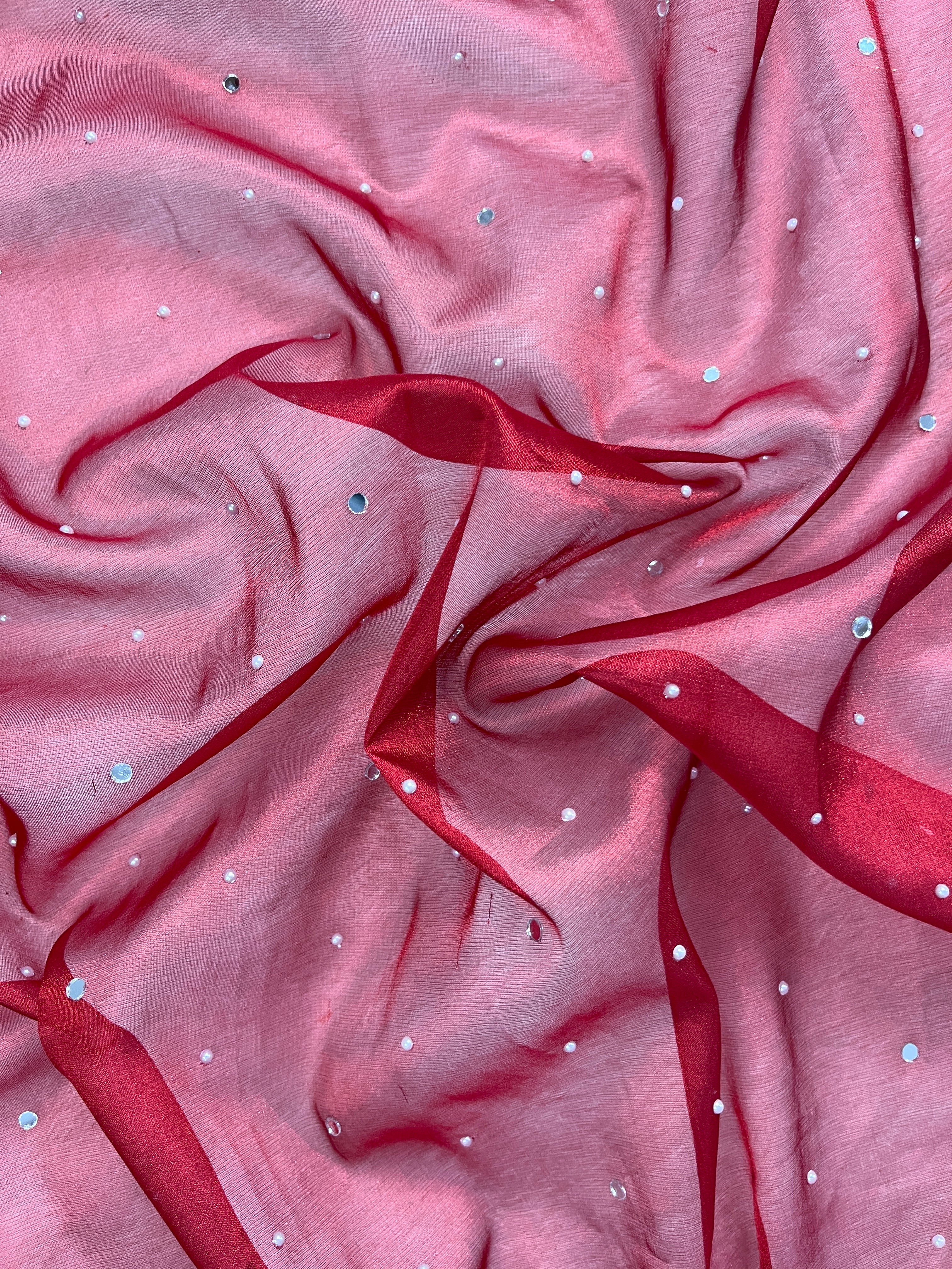 Red Tissue Silk Saree With Mirror & Pearl Work & Designer Lace Border