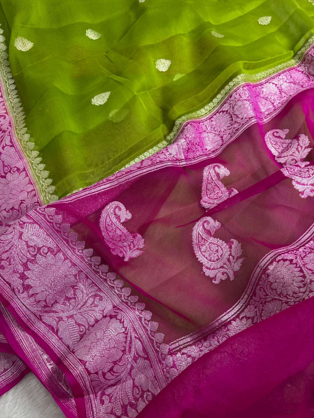 Lime Green & Rani Pink Pure Khaddi Chiffon Silk Banarasi Saree