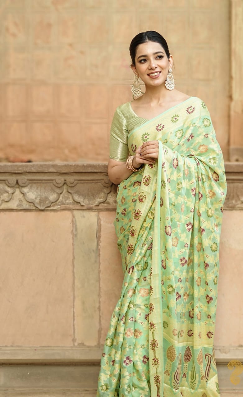Pista Green Pure Chiffon Silk Banarasi Saree