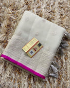 Ivory & Rani Pink Pure Khaddi Chiffon Silk Banarasi Saree