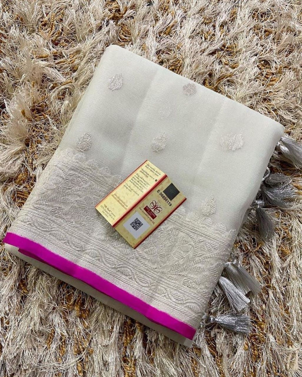 Ivory & Rani Pink Pure Khaddi Chiffon Silk Banarasi Saree