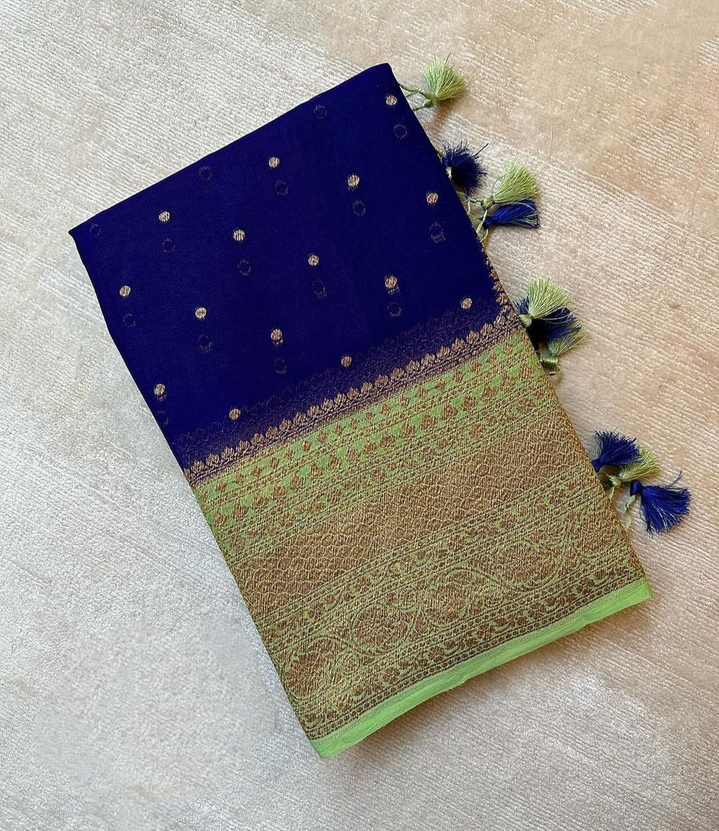 Mint Green & Blue Pure Khaddi Georgette Silk Banarasi Border Dana Saree