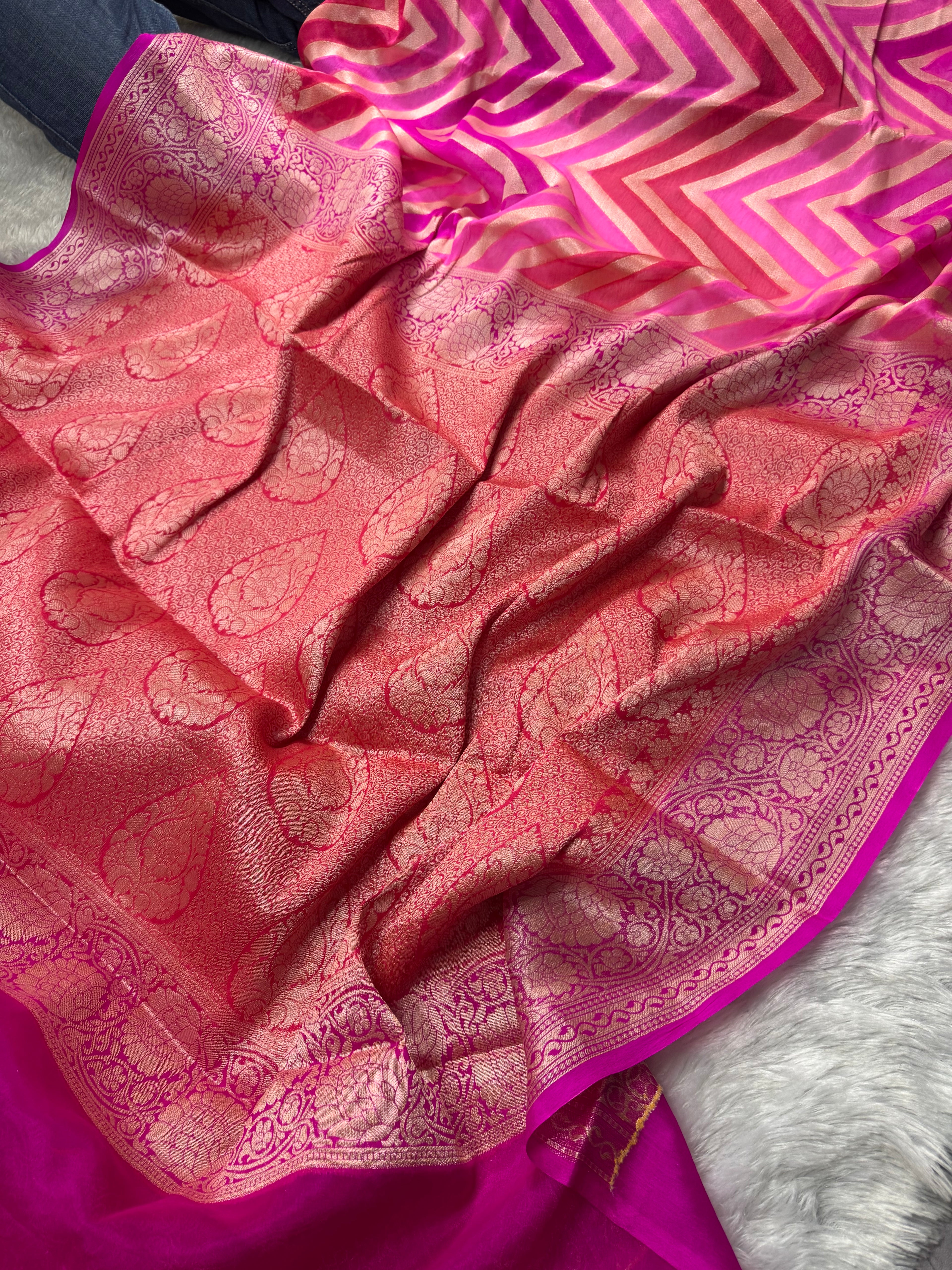 Rani Pink Rangkat Pure Chiffon Silk Banarasi Saree