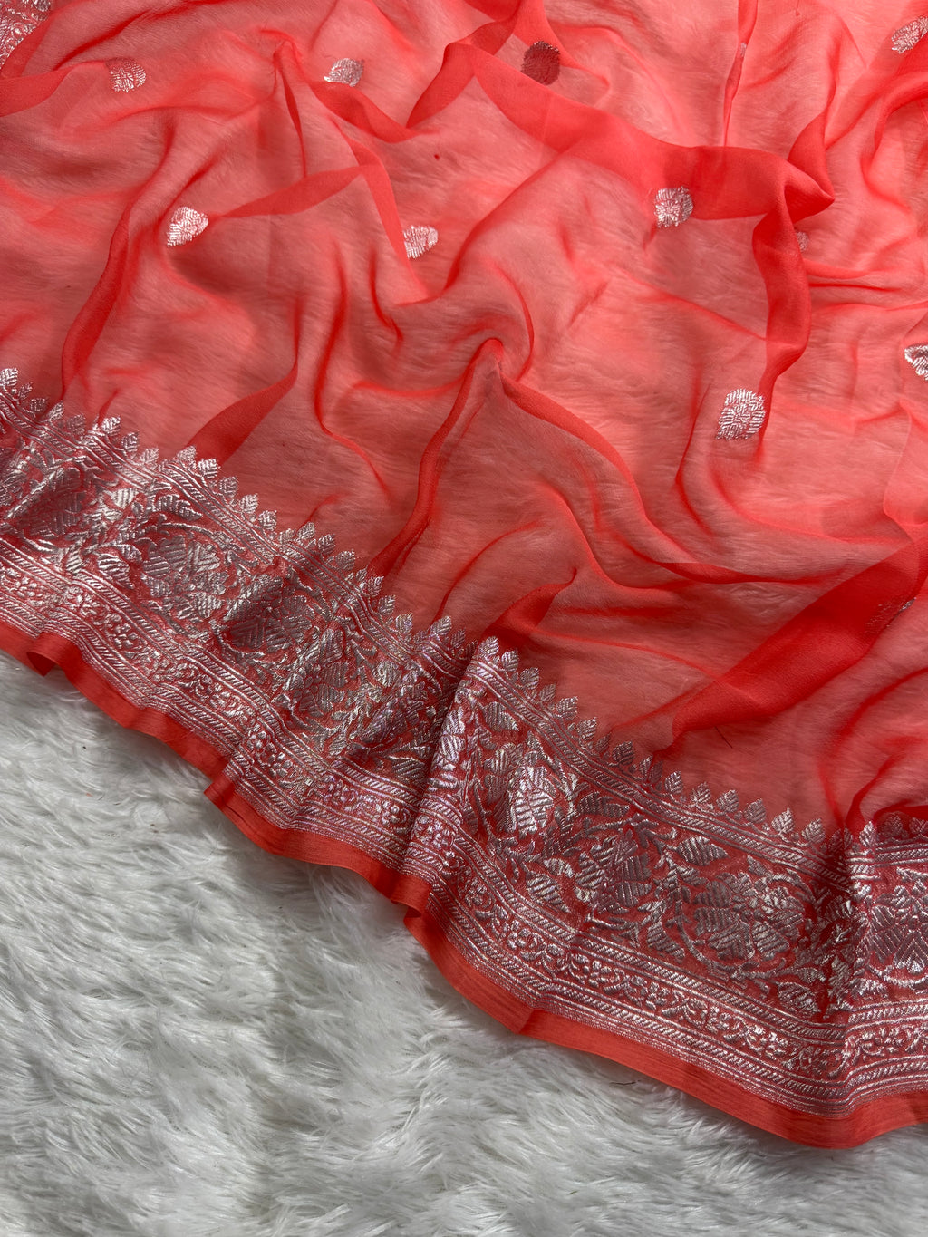 Coral Peach Pure Khaddi Chiffon Silk Banarasi Saree
