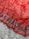 Coral Peach Pure Khaddi Chiffon Silk Banarasi Saree