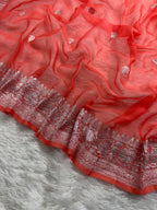 Coral Peach Pure Khaddi Chiffon Silk Banarasi Saree