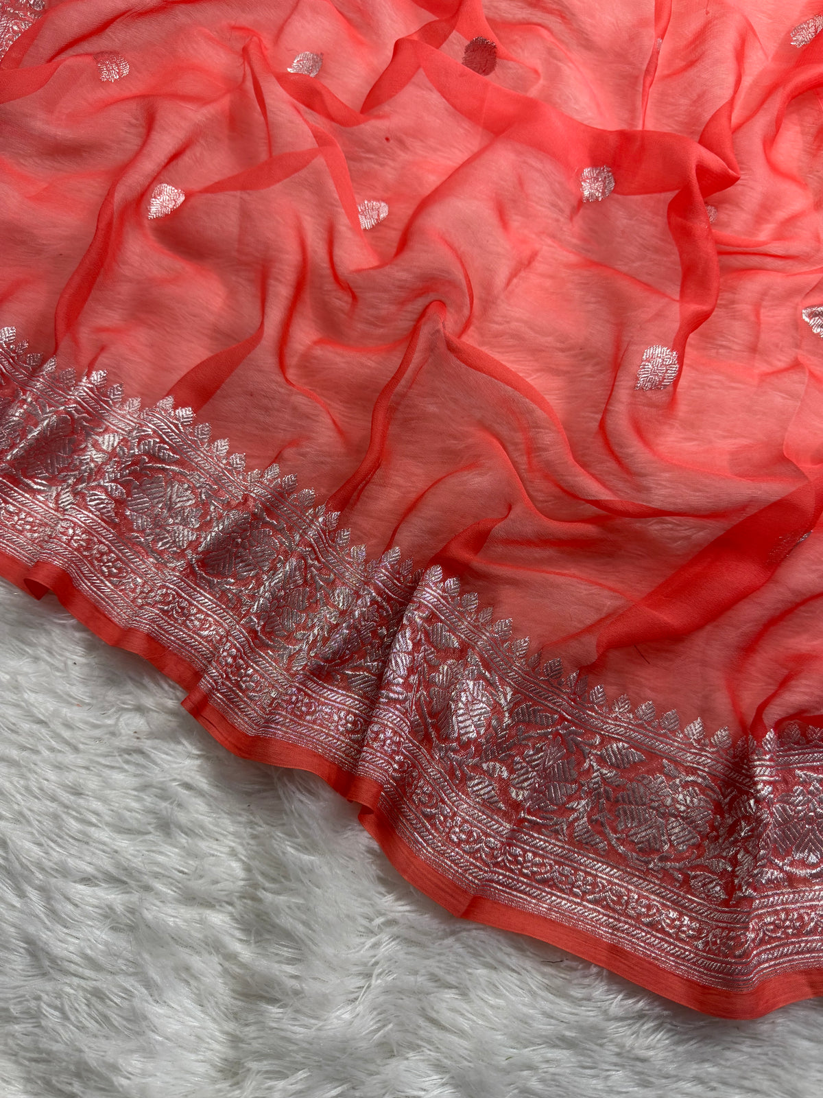 Coral Peach Pure Khaddi Chiffon Silk Banarasi Saree