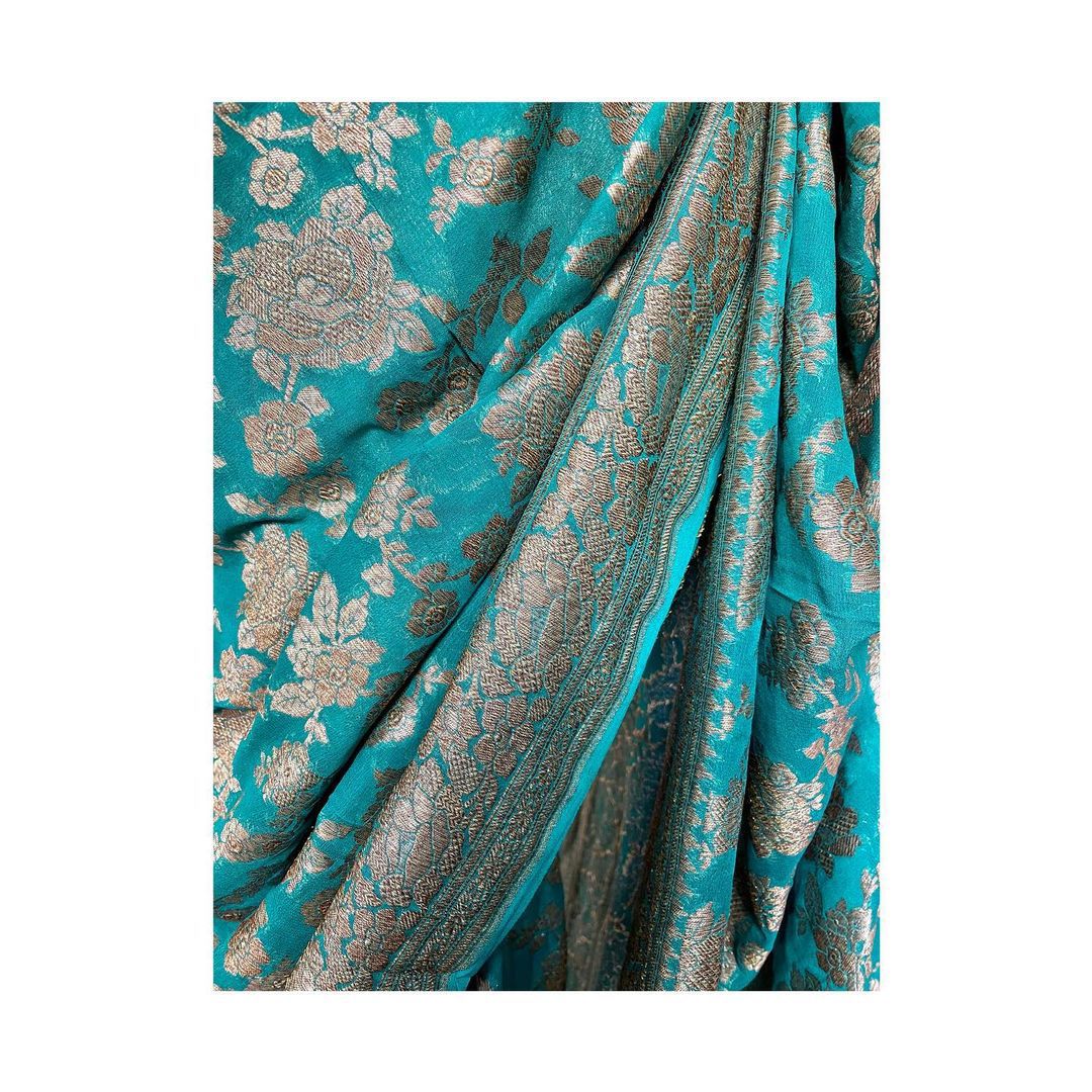 Teal Green Pure Khaddi Georgette Silk Banarasi Saree