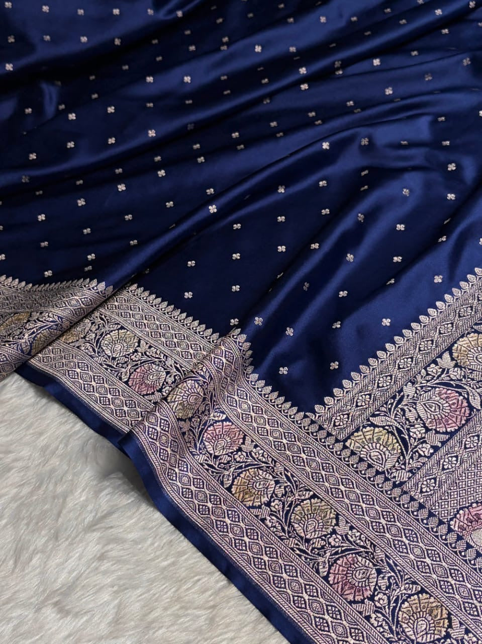 Navy Blue Meenakari Mashru Katan Silk Banarasi Saree