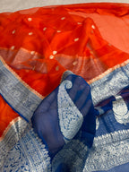 Orange & Peacock Blue Pure Khaddi Chiffon Silk Banarasi Saree