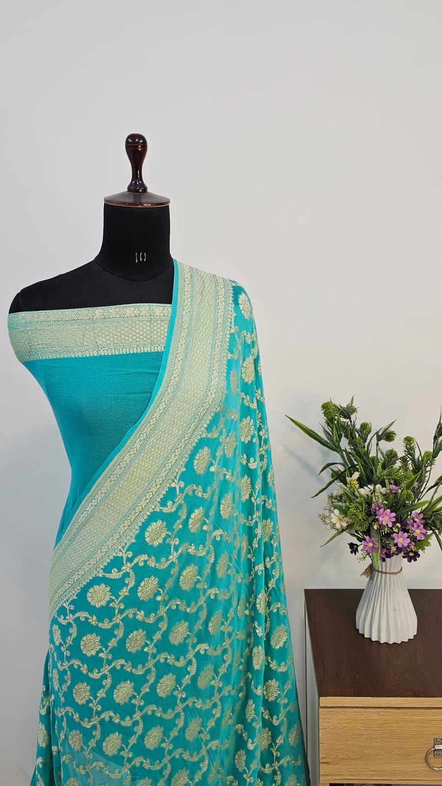 Firozi Pure Khaddi Georgette Silk Banarasi Saree