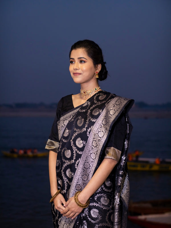 Black Mashru Kataan Silk Banarasi Saree