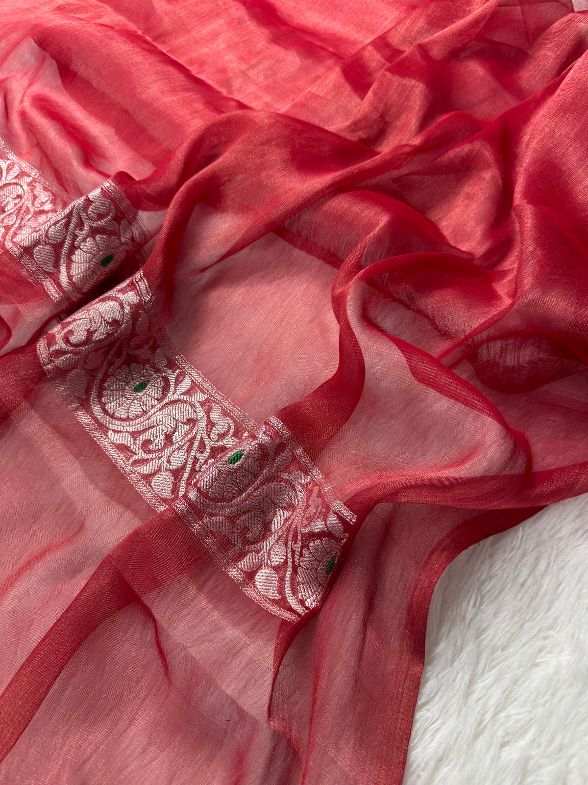 Red Pure Khaddi Tissue Chiffon Sona & Roopa Meenakari Banarasi Saree