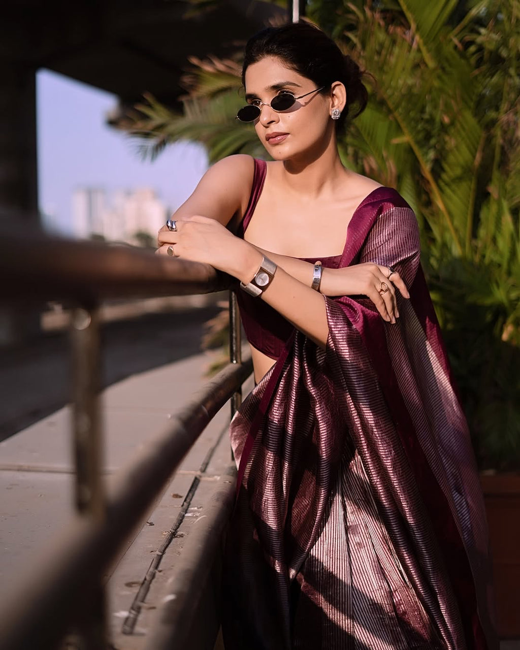 Reddish Wine Stripe Pure Tissue Silk Banarasi Saree