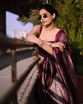 Reddish Wine Stripe Pure Tissue Silk Banarasi Saree