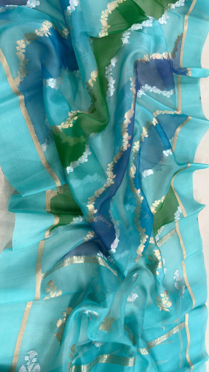 Rangkat Stripe Sona & Roopa Pure Kora Organza Silk Banarasi Saree