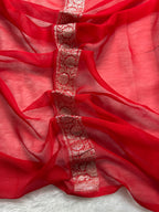 Red Pure Khaddi Chiffon Silk Banarasi Thousand Booti Saree