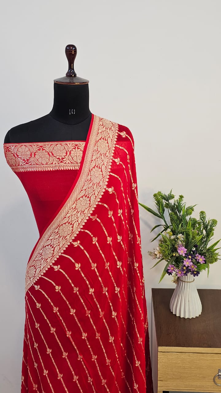 Red Pure Khaddi Georgette Silk Banarasi Saree