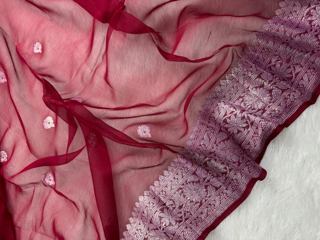 Deep Wine Red Pure Khaddi Chiffon Silk Banarasi Saree