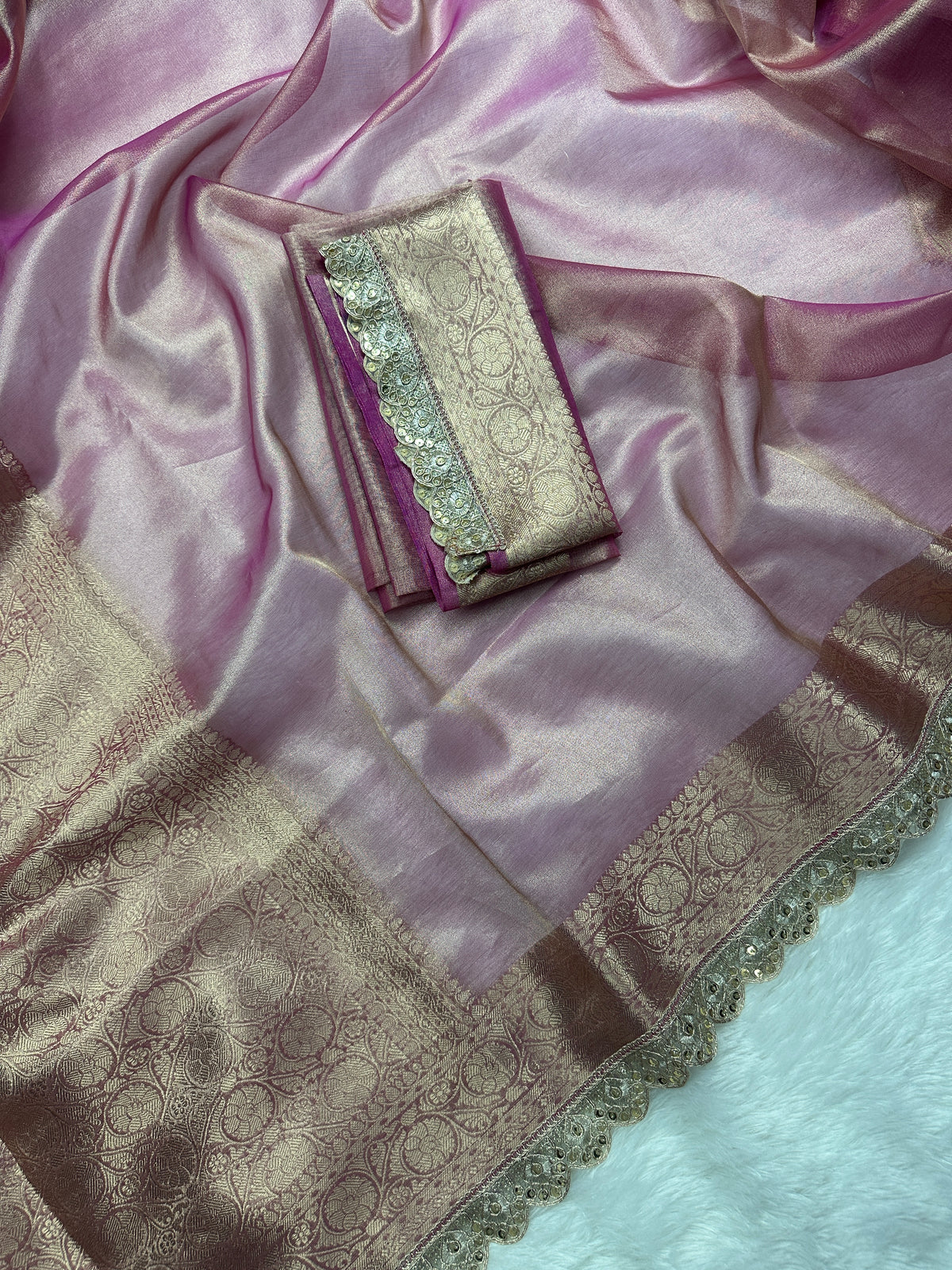 Blush Pink Beautiful Scallops Lace Border Tissue Silk Banarasi Saree