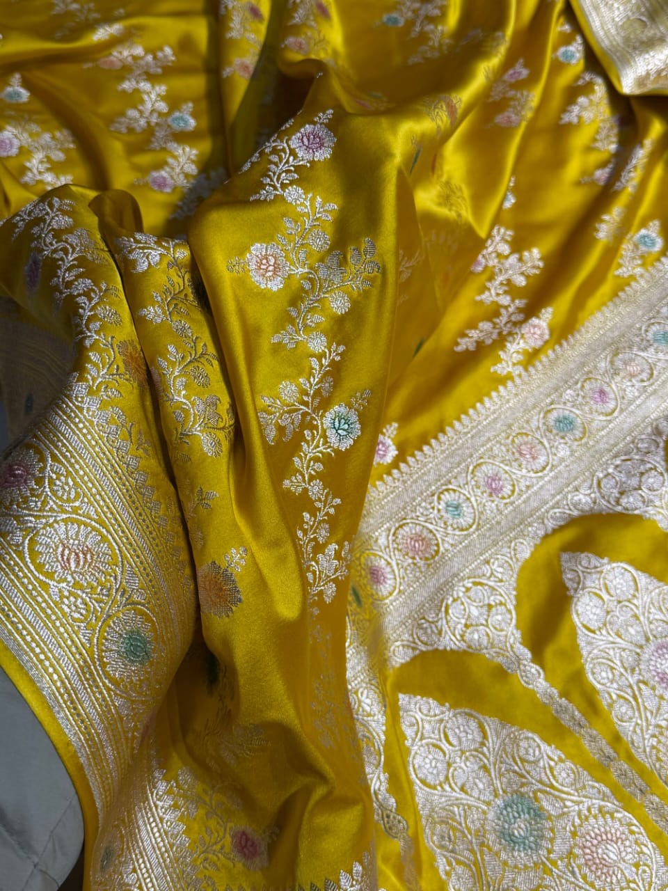 Mustard Yellow Meenakari Mashru Katan Silk Banarasi Saree