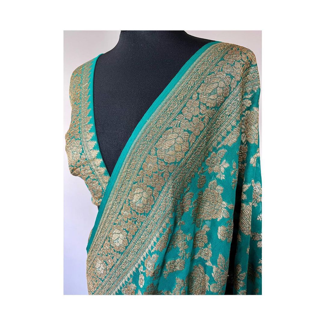 Teal Green Pure Khaddi Georgette Silk Banarasi Saree