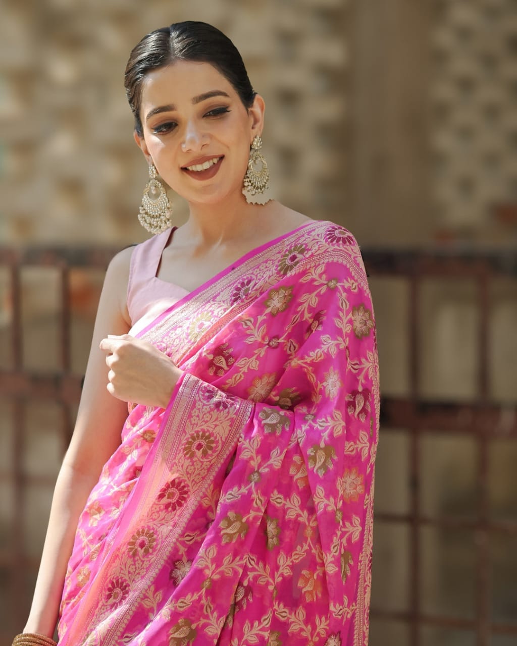Pink Pure Chiffon Silk Banarasi Saree