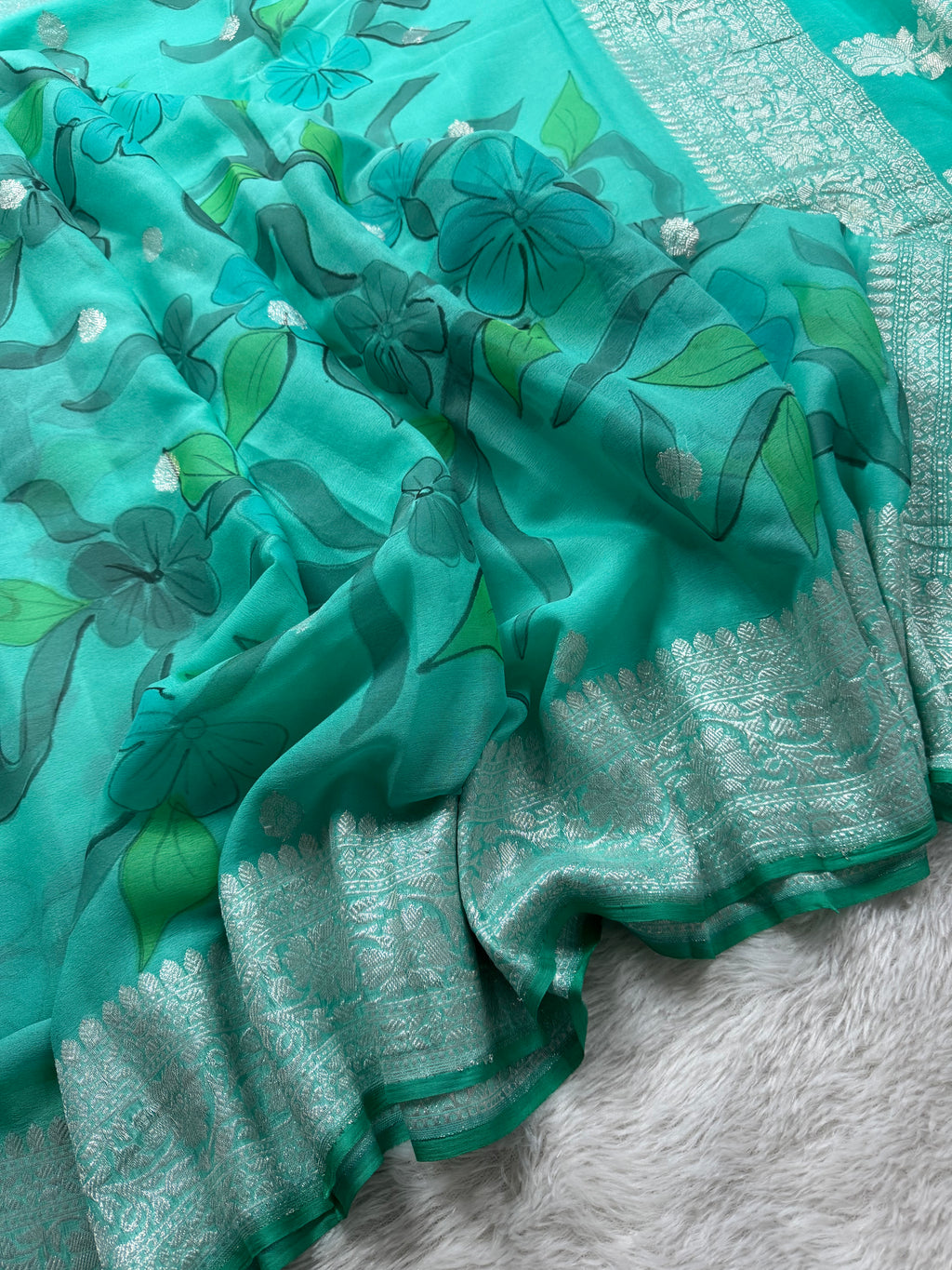 Sea Green Handbrush Pure Khaddi Chiffon Silk Banarasi Saree