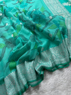 Sea Green Handbrush Pure Khaddi Chiffon Silk Banarasi Saree