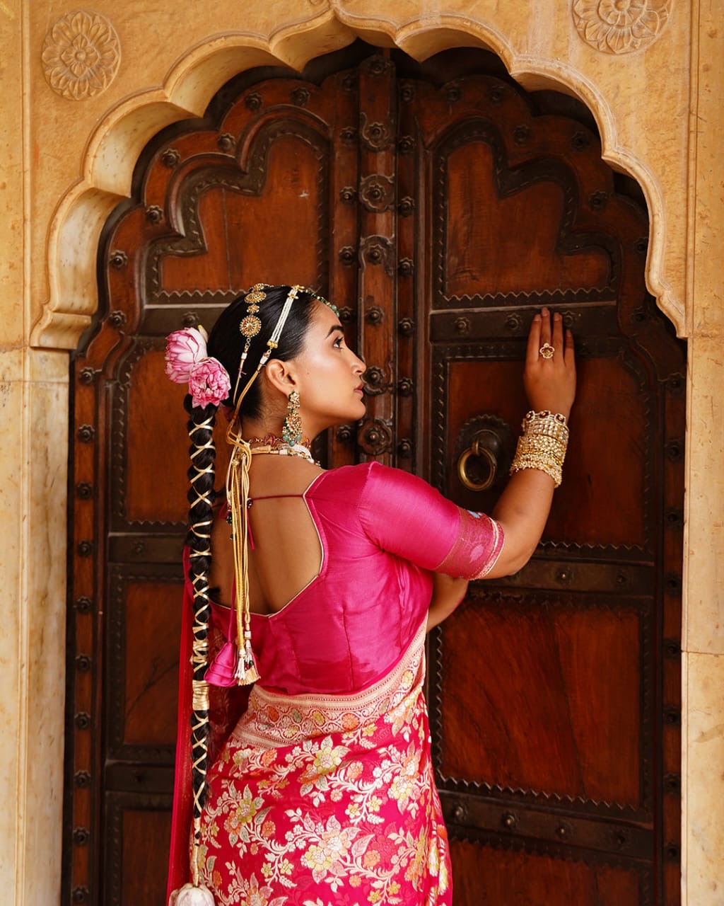 Rani Pink With Handbrush Pure Khaddi Georgette Silk Banarasi Saree