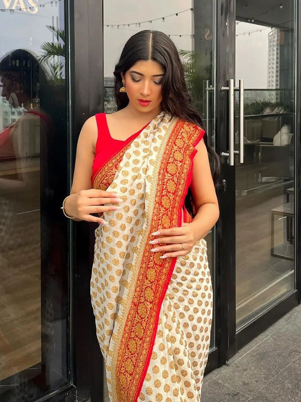 Off- White & Red Pure Khaddi Georgette Silk Banarasi Saree
