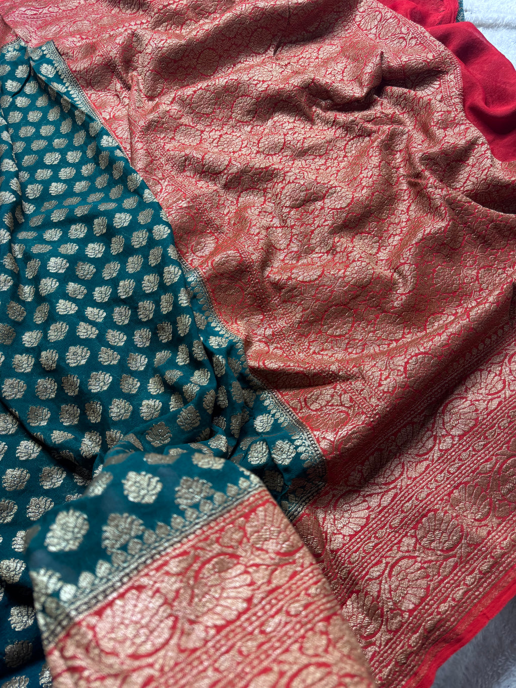 Rama Green & Red Pure Khaddi Georgette Silk Banarasi Saree