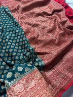 Rama Green & Red Pure Khaddi Georgette Silk Banarasi Saree