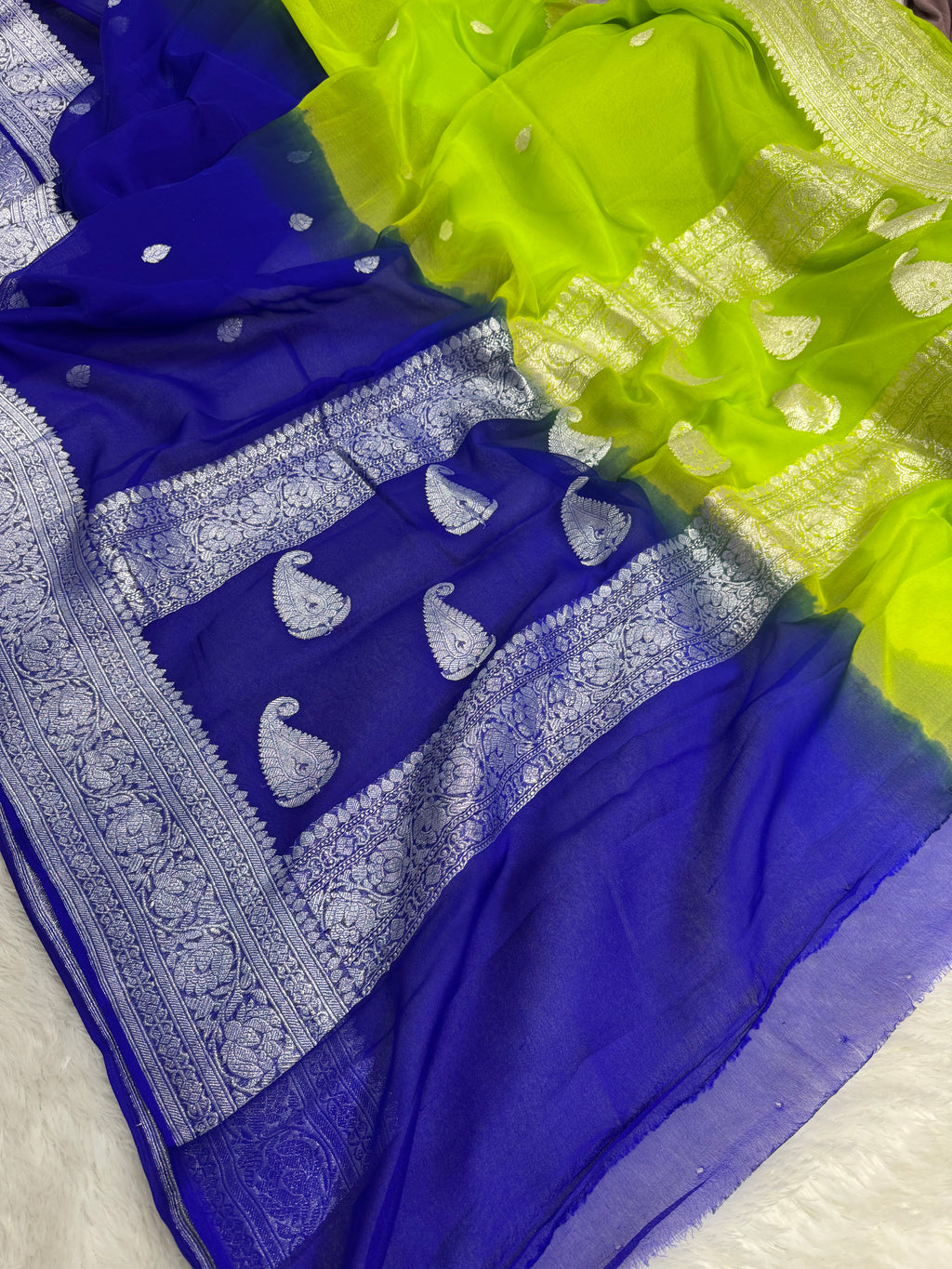 Royal Blue & Parrot Green Pure Khaddi Chiffon Silk Banarasi Saree
