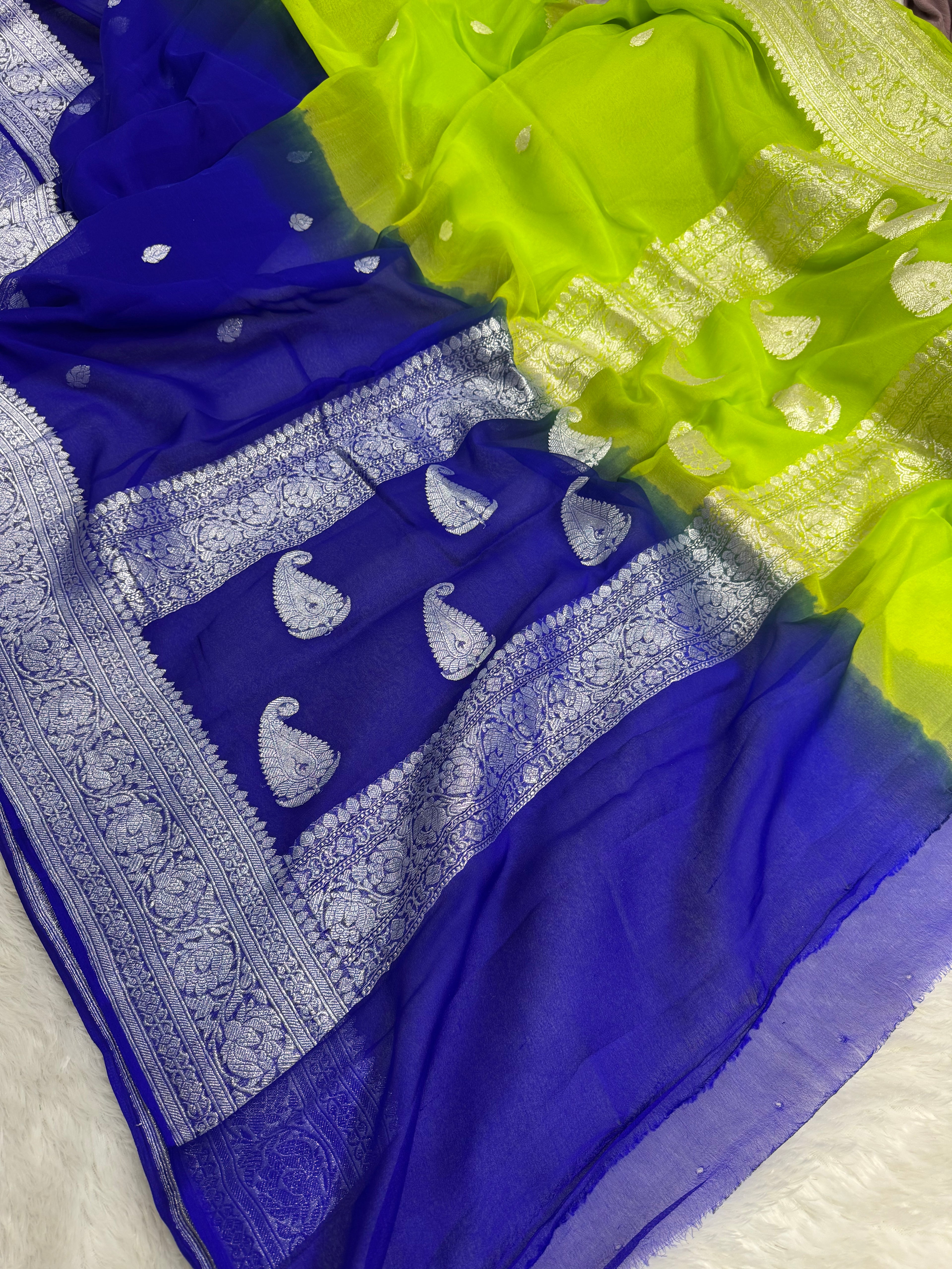 Royal Blue & Parrot Green Pure Khaddi Chiffon Silk Banarasi Saree