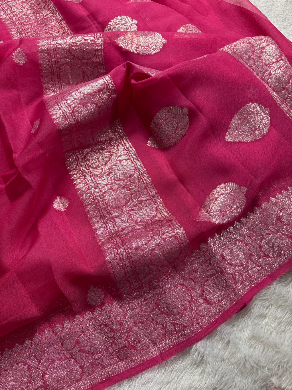 Hot Pink Pure Khaddi Chiffon Silk Banarasi Saree