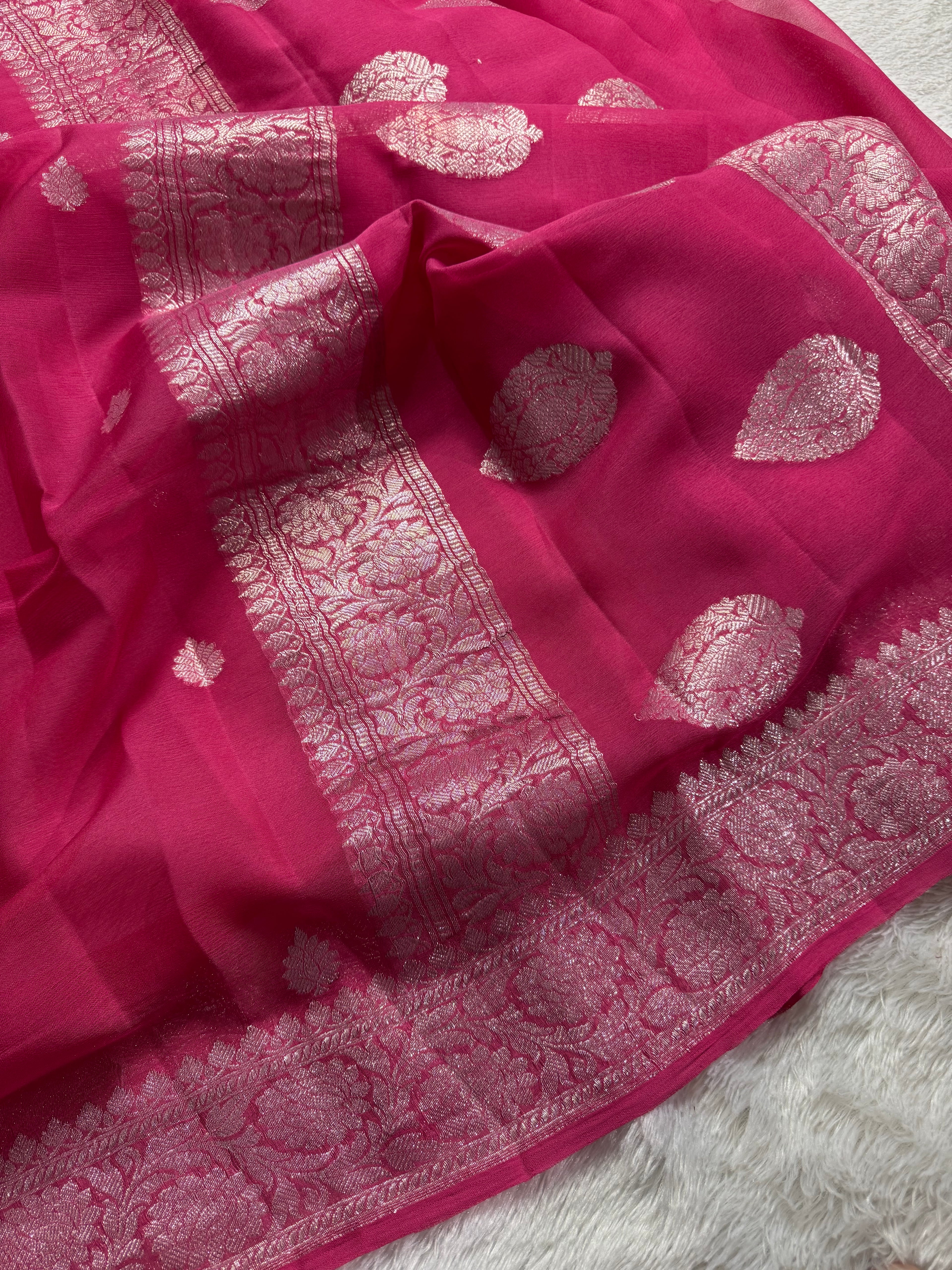 Hot Pink Pure Khaddi Chiffon Silk Banarasi Saree