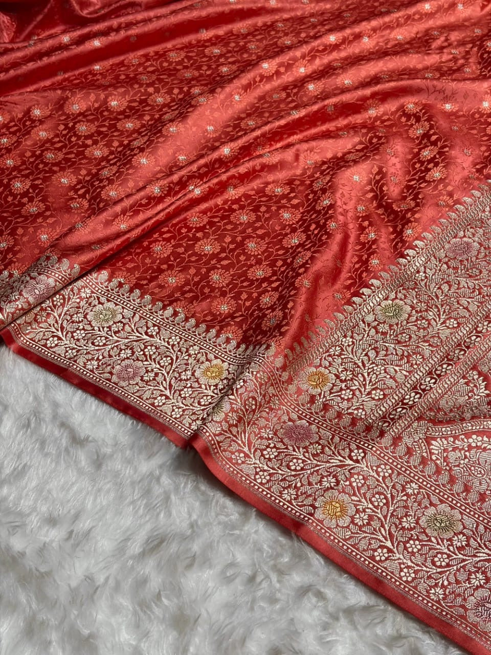 Rust Red Tanchui Meenakri Mashru Katan Silk Banarasi Saree