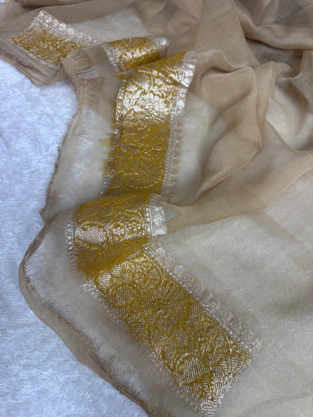 Pure khaddi Chiffon Silk Banarasi Border Booti 3d Saree