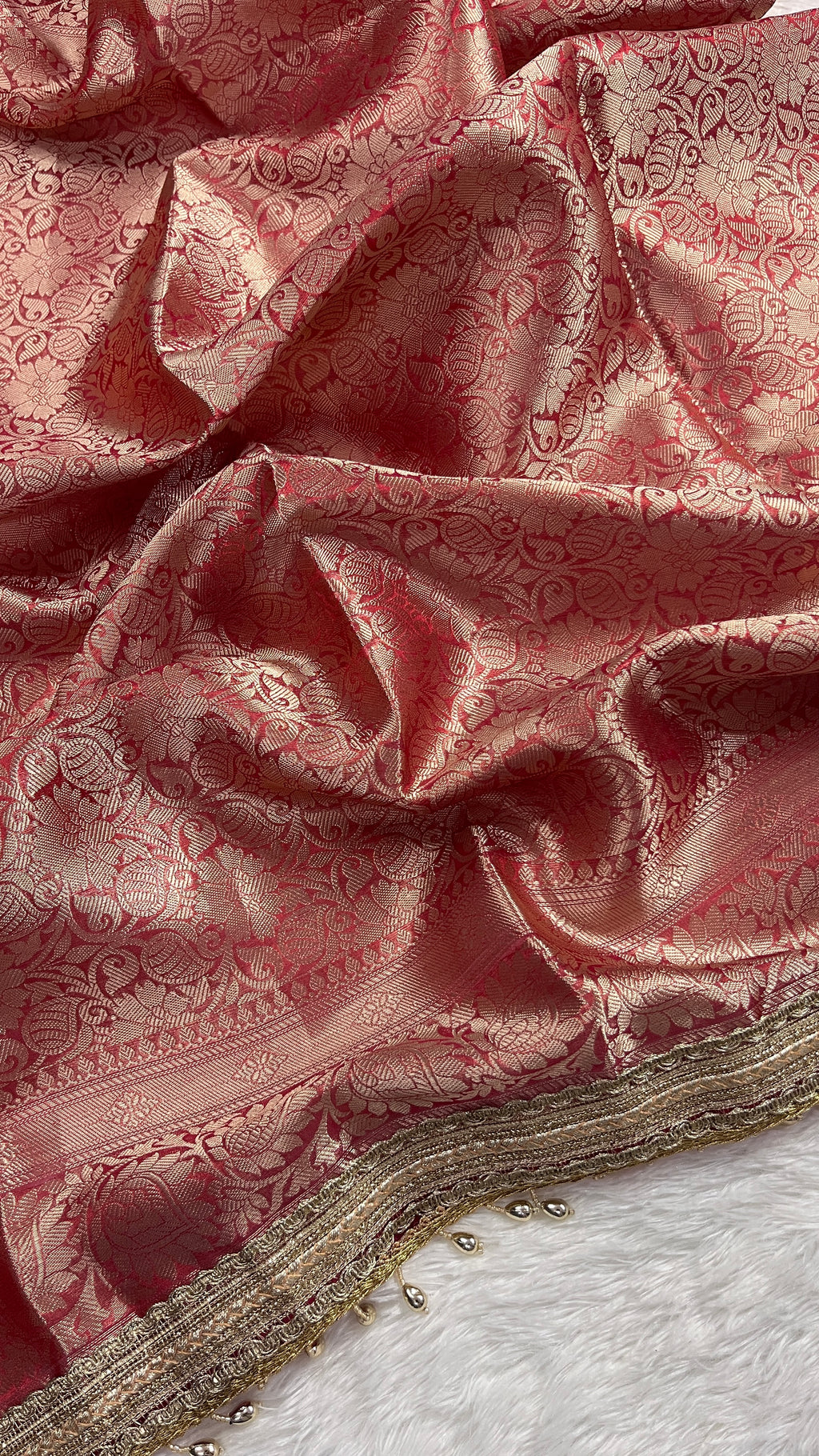 Red Tissue Silk Saree With Golden Ghungroo Butti Work & Luxury Lace Border