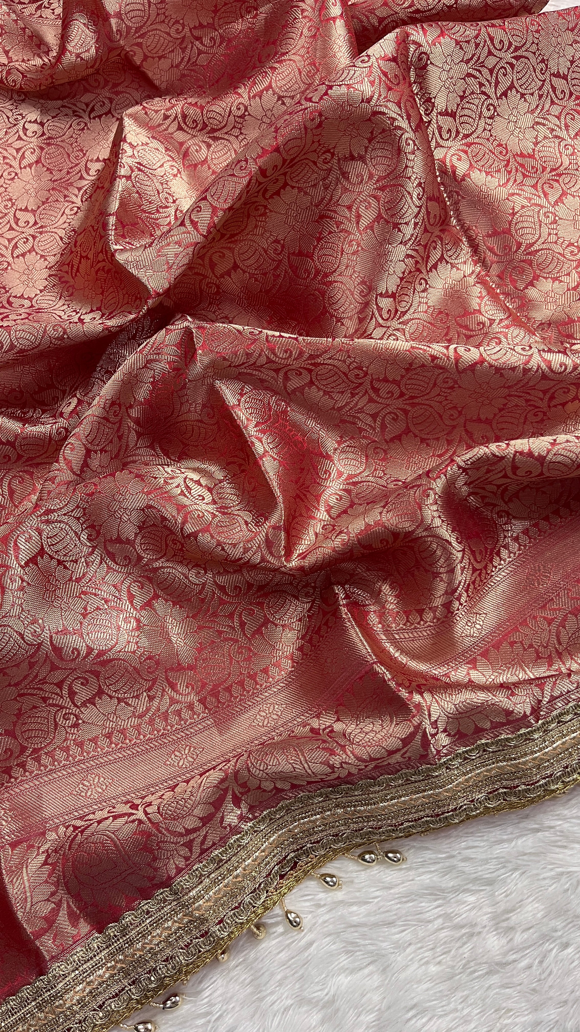 Red Tissue Silk Saree With Golden Ghungroo Butti Work & Luxury Lace Border